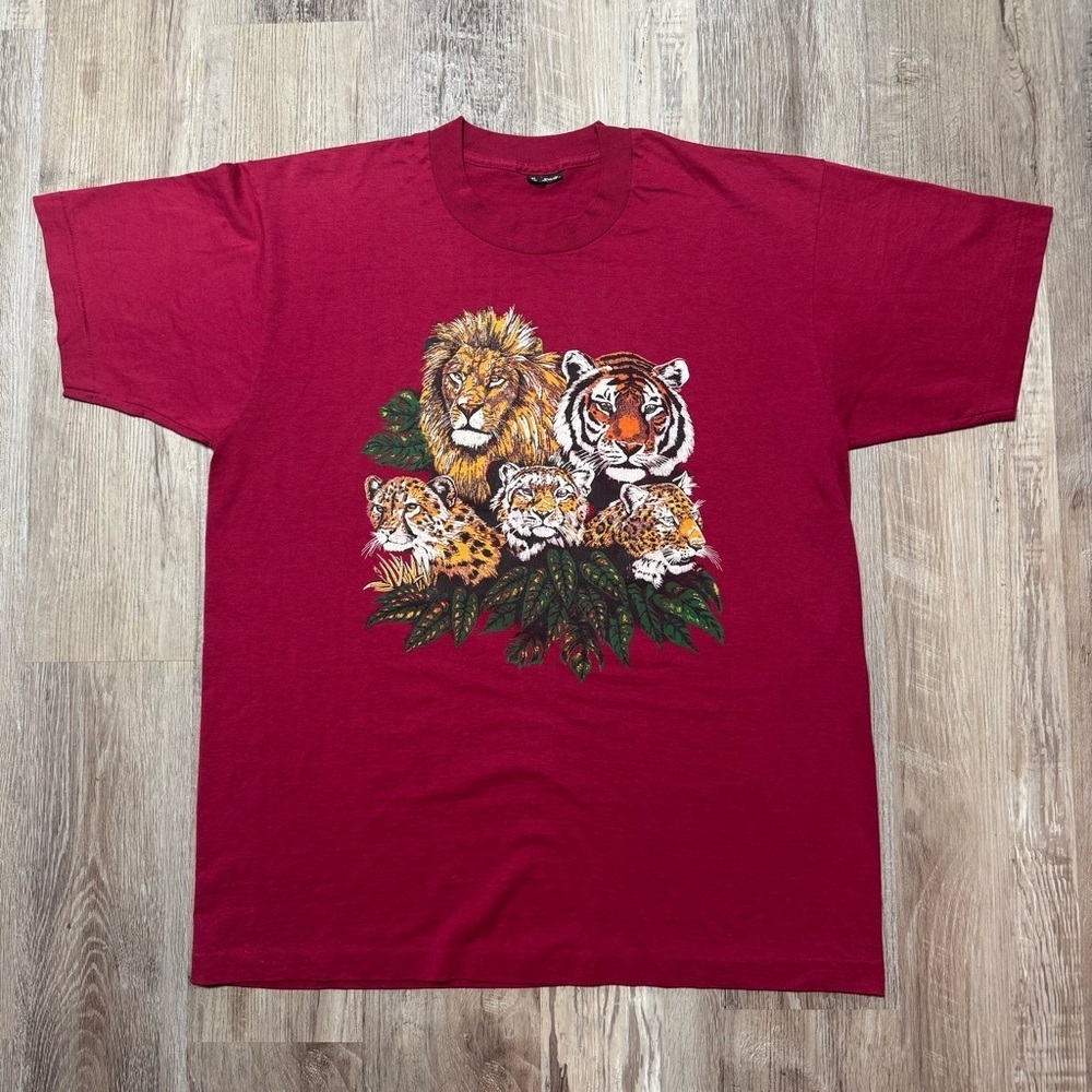 Vintage Lion Tiger Cat t shirt red single stitch screen stars men’s XL 24x30
